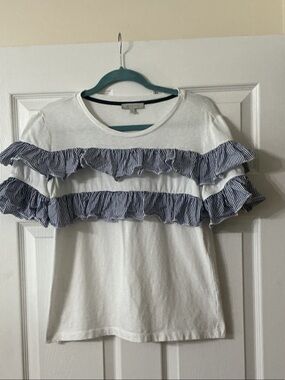 LaJu White Tee with Blue Striped Ruffle Accents